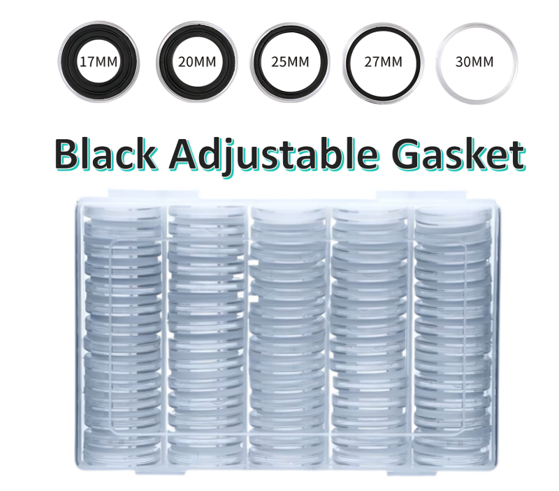 100 PCS 30MM Clear Round Coin Capsules Plastic Coin Holders &Black Gaskets & Box