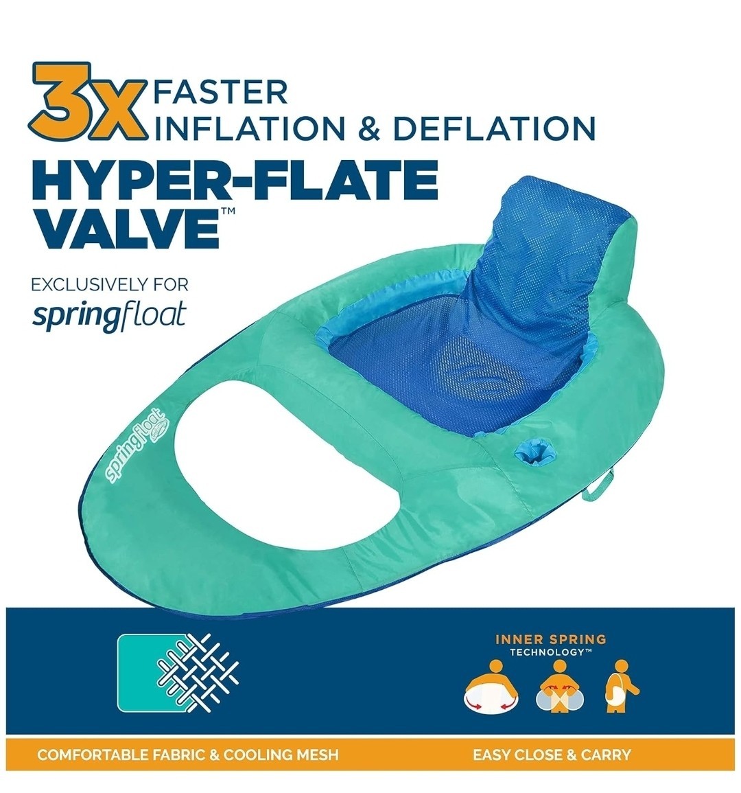 SwimWays Spring Float Recliner Pool Lounge Chair Hyper-Flate Valve Aqua 55”x38”