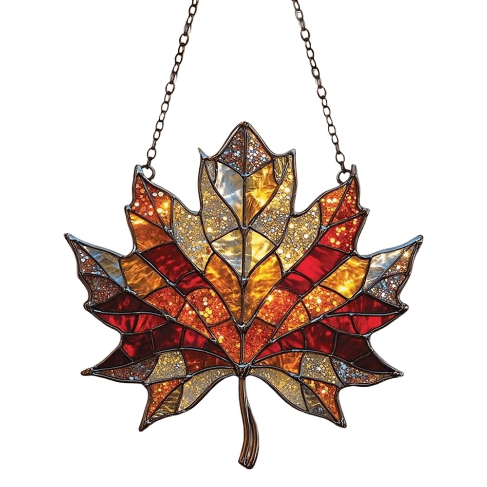 2x Maple Leaves Stained Window Hanging,Fall Leaf Decorations, 2D Suncatcher