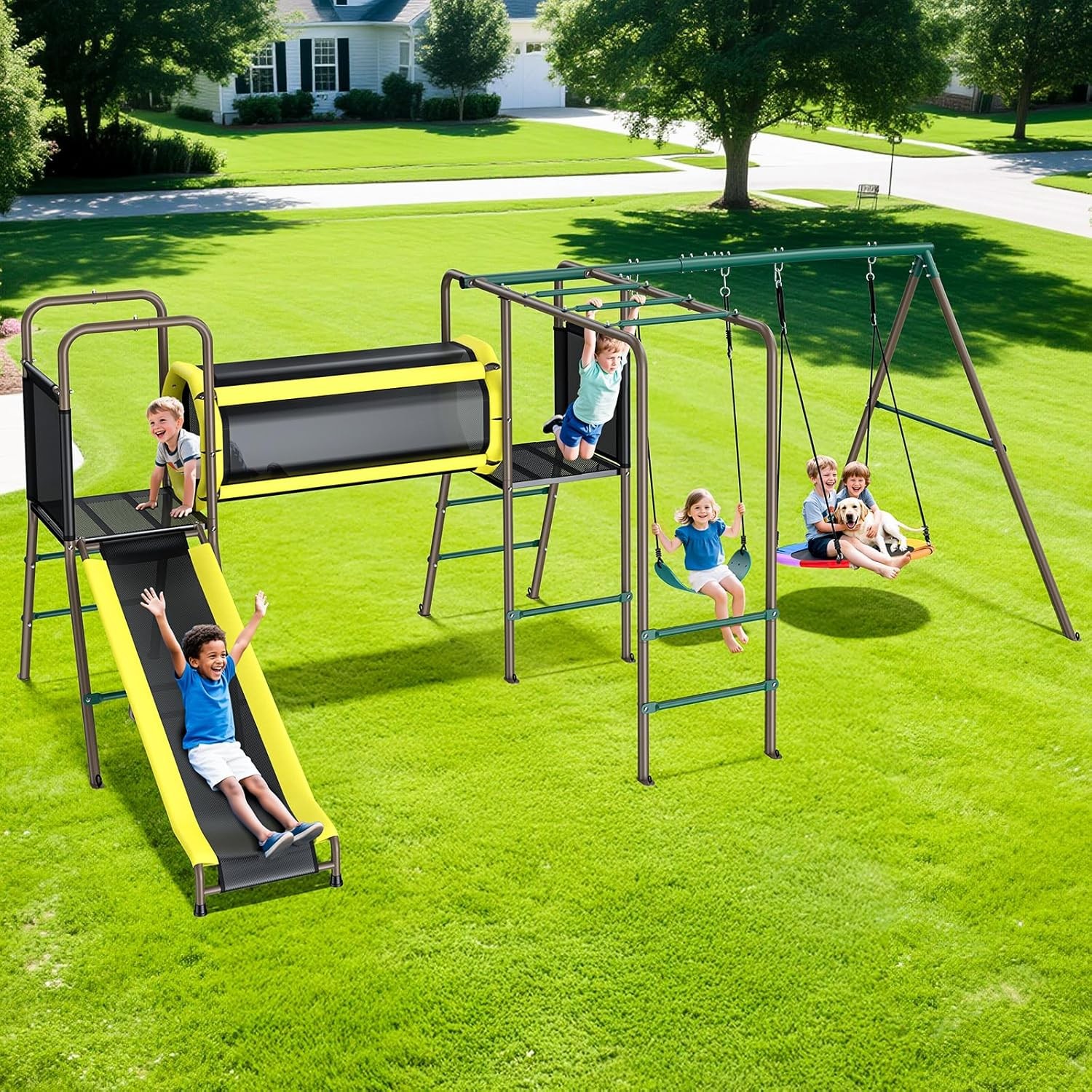 660lbs Playground Metal Swing Set Heavy Duty with Slide Outdoor Play for Kids