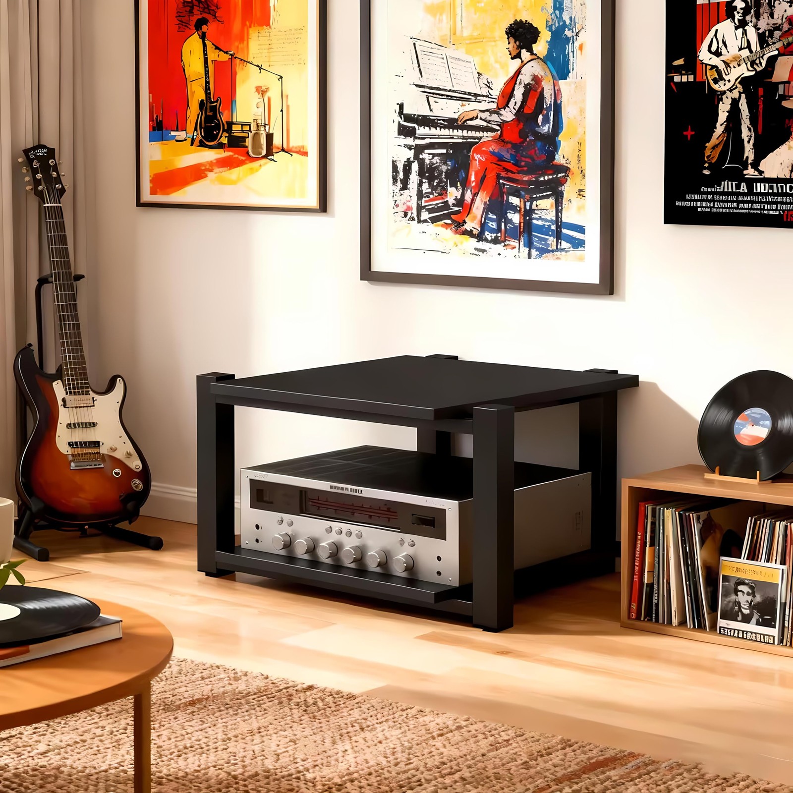 Heavy Duty Audio Rack Tower, Av Media Player Stand with Wooden Shelves, Black...