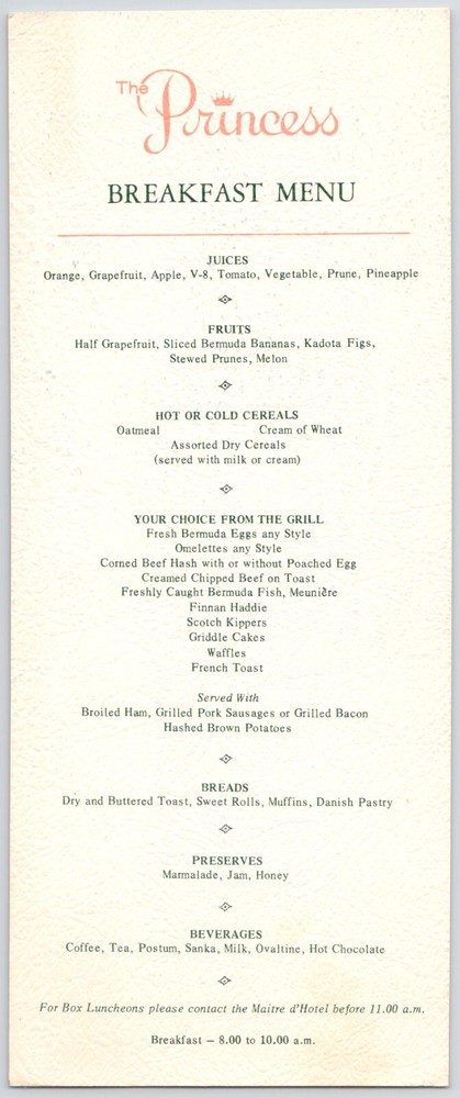 Vintage The Princess Breakfast Menu 5x12"