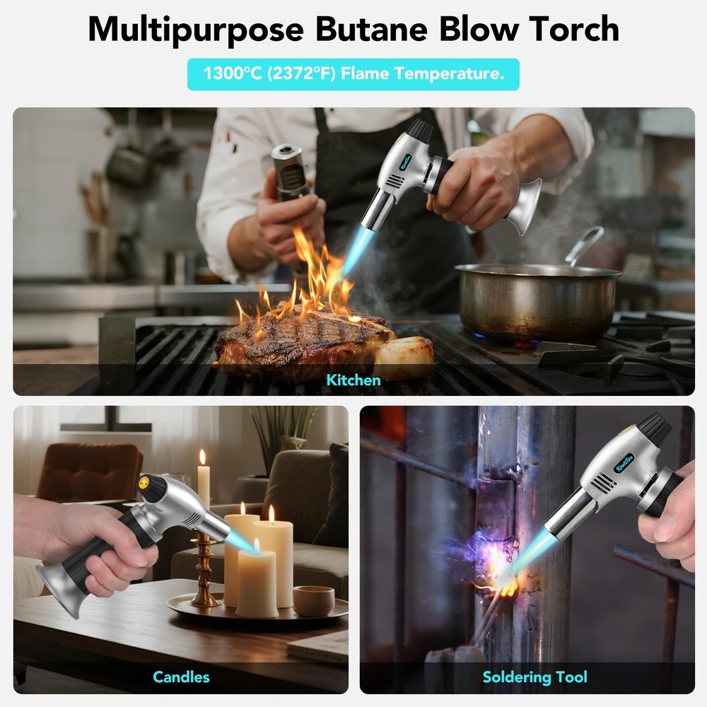 Butane Torch Lighter, Refillable Kithcne Torch with Safety Lock,Continuous Flame