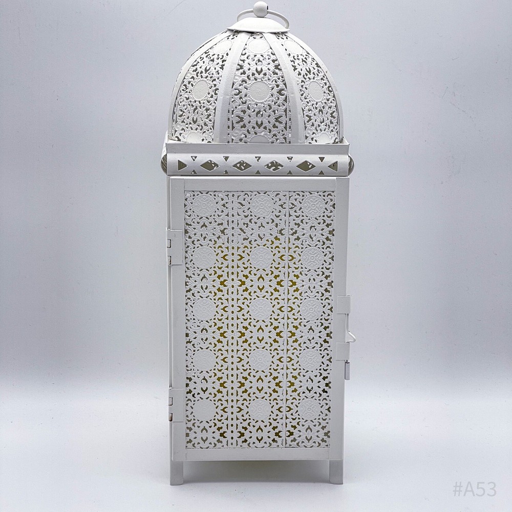 Oriental Lantern Windlight With Pattern & LED Block Candle, White, 37 cm
