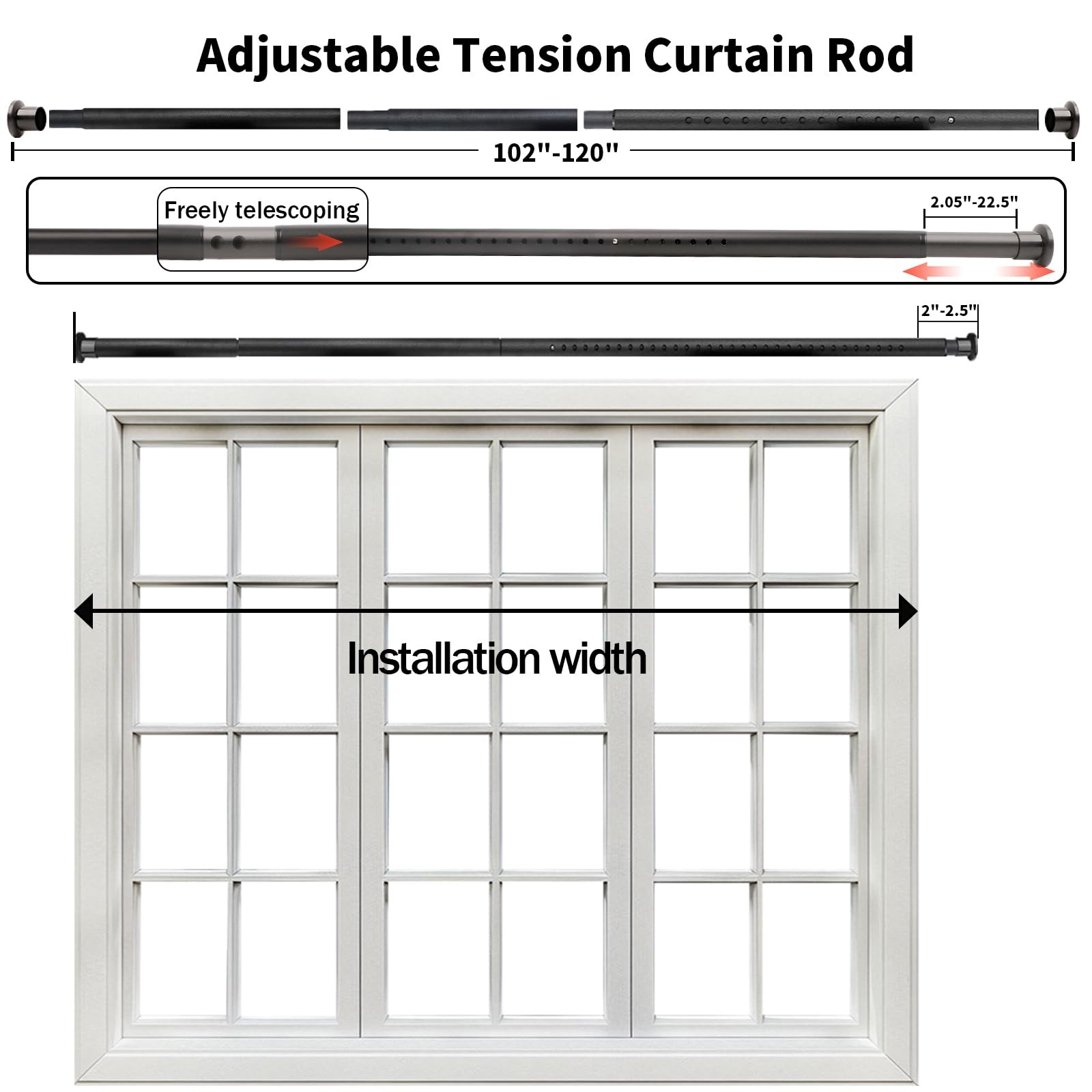 Tension Rod for Shower, 102 120 Inch Heavy Duty No Drill, Black