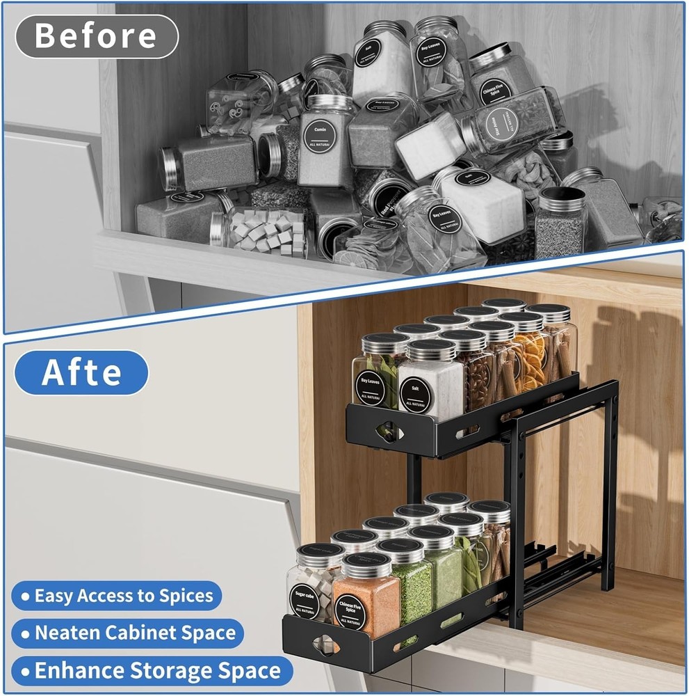 Pull Out Spice Rack Organizer, 2-Tier Vertical Spice Rack, Height Adjustable ...