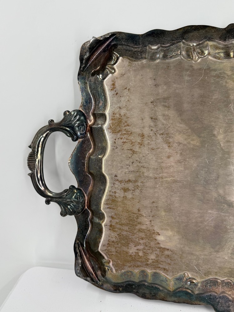 Vintage Silver Plated Copper Silver On Copper Ornate Engraved Serving Tray-25"