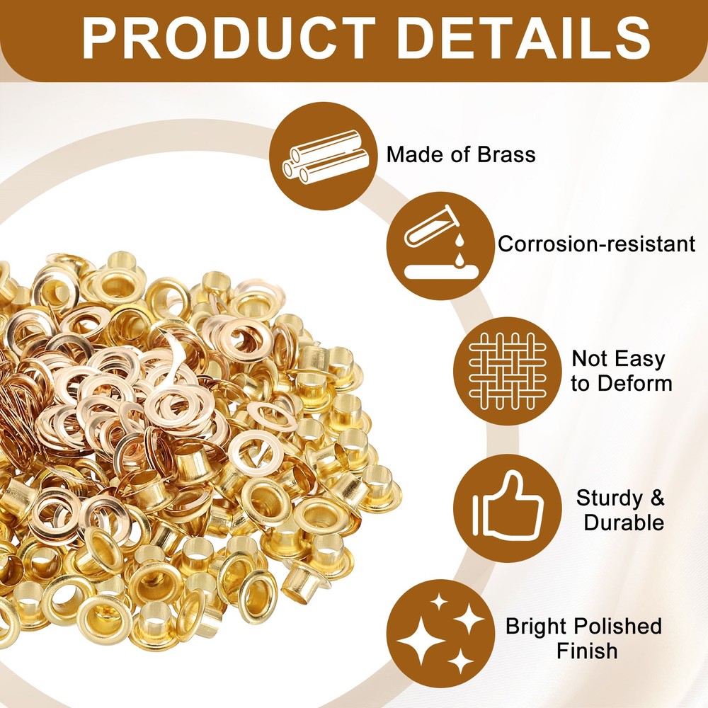 200 Sets Grommets Eyelets, 3.5mm Brass Self Backing Eyelets, Gold Tone