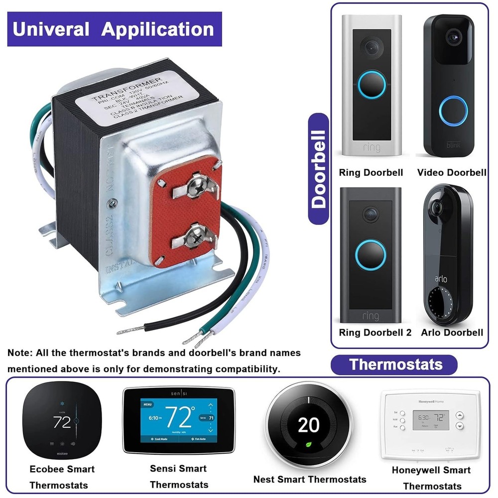 Efficient 24V AC Power Supply - 40VA Hardwired Transformer for Easy Installation