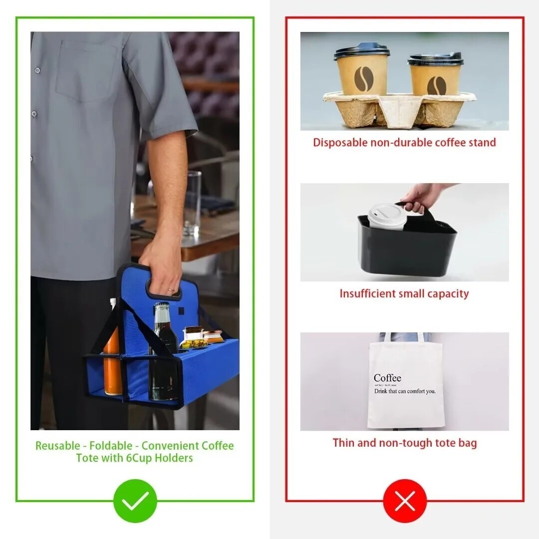 Cup Caddy Portable Drink Carrier or Cans Reusable, 6-Cup Holder with Handle