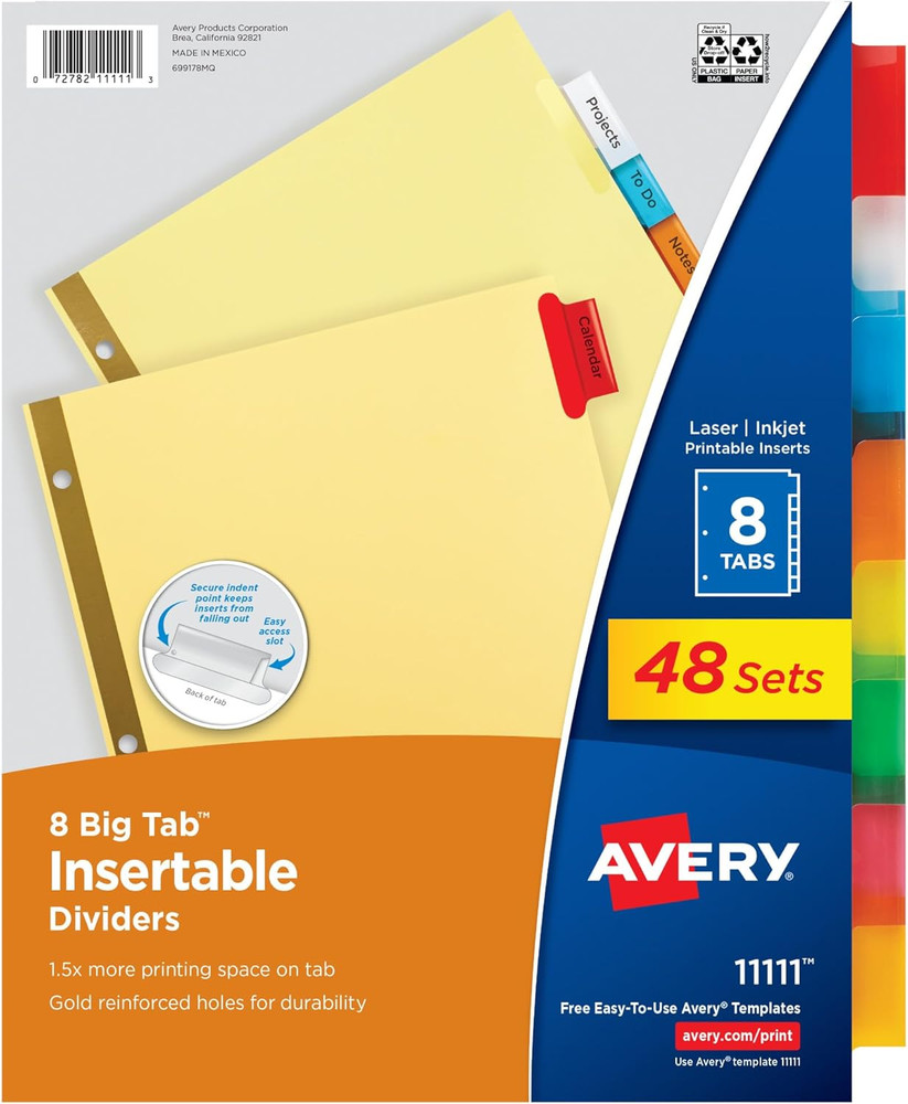 Insertable Dividers for 3 Ring Binders, 8 Tabs per Set, Multicolor Big Tabs, Buf