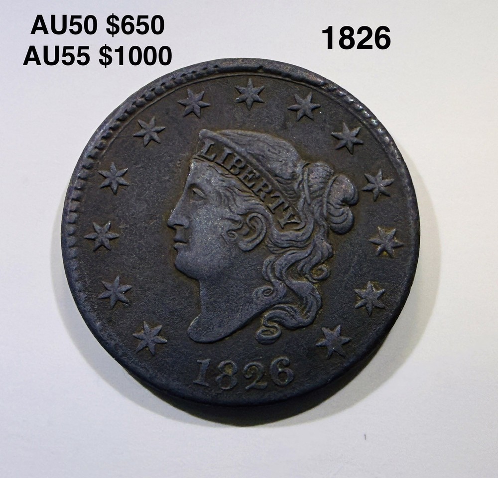 1826 1C Large Cent Coronet Head - AU Nice Original Copper