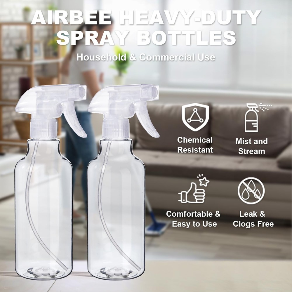 2Pack 16.9 oz Plastic Spray Bottles Mist & Stream MultiPurpose Clear