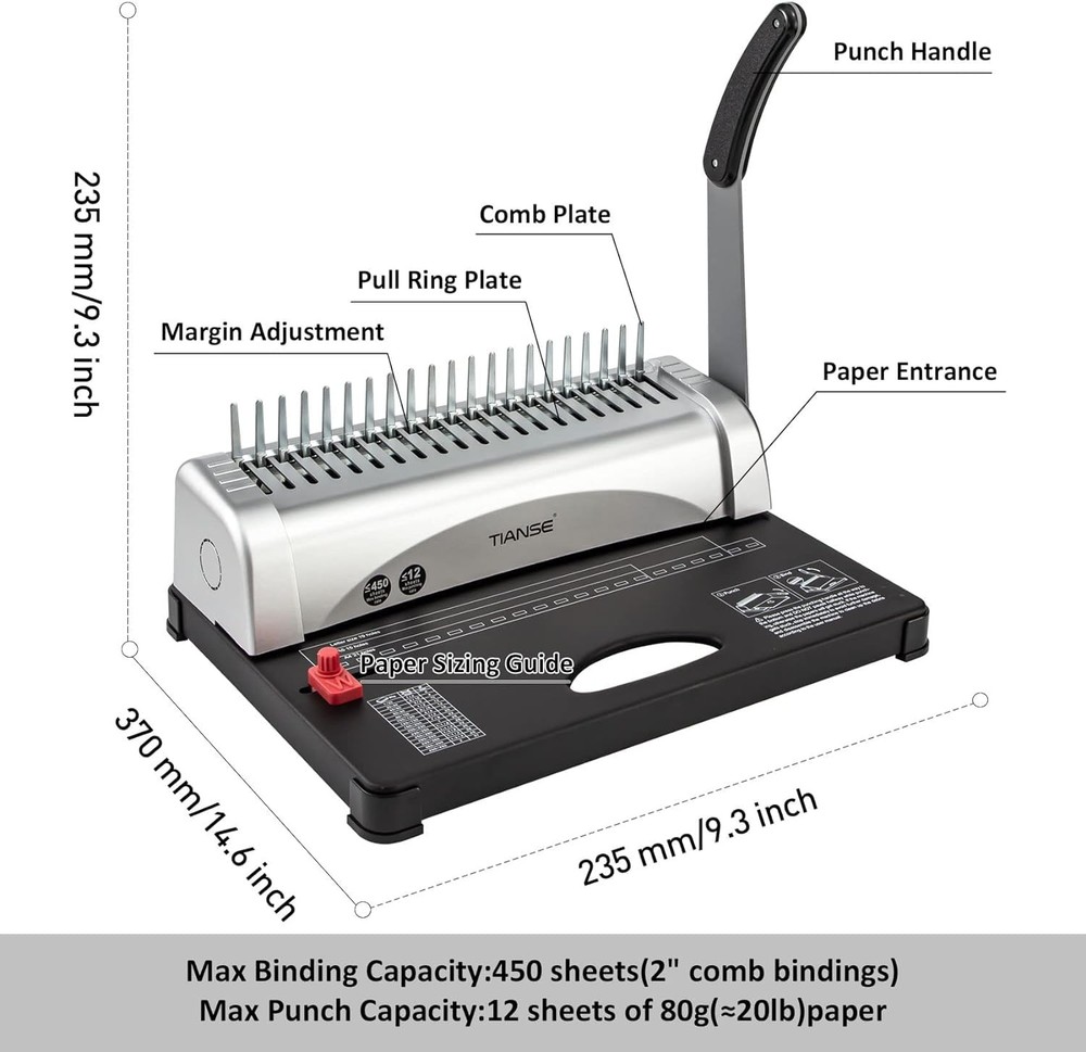 TIANSE Binding Machine, 21-Holes, 450 Sheets, Comb Binding Machines with Starter