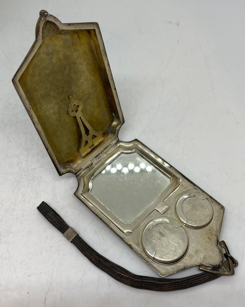 Sterling Silver Compact Coin Dance Mirror Mesh Strap Wristlet