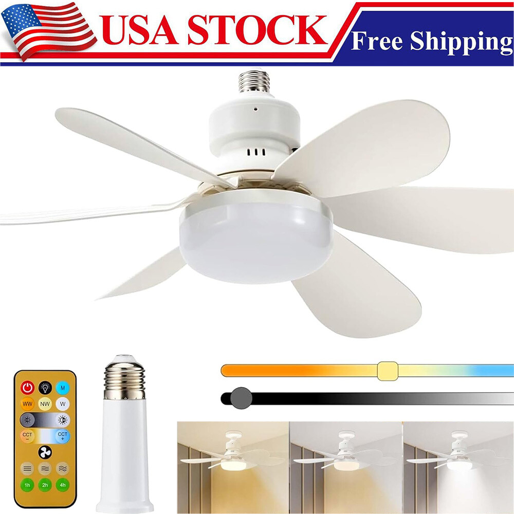 Socket Ceiling Fan with Light E27 Base Screw in Ceiling Fans Dimmable LED Light
