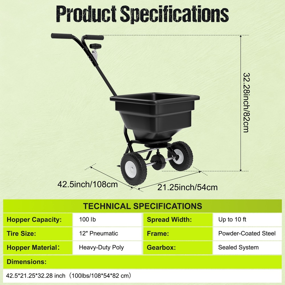 Fertilizer Spreader Walk-Behind Push Broadcast Spreader w/30-Level Flow Control