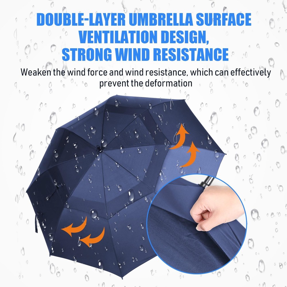 Golf Umbrella 10 Pcs 62 Inch Automatic Open Double Canopy Windproof Dark Blue