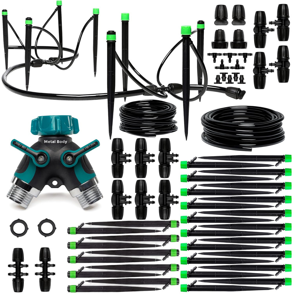 Drip Irrigation System with Hose Splitter 2Way Included - Adjustable Premium Gar