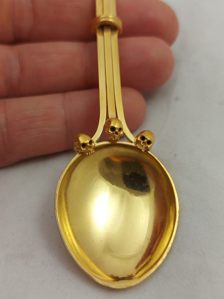 Antique Victorian Memento Mori Skull Solid Silver Gilt Spoon
