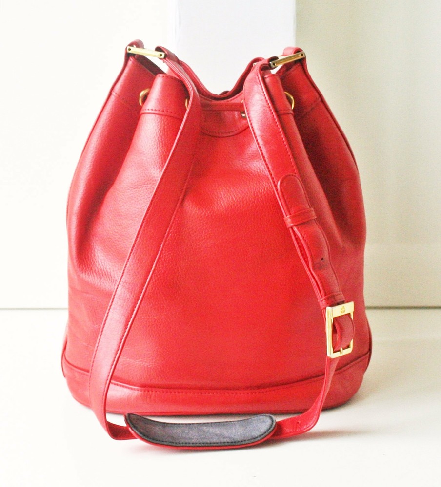 Vintage MCM Leather Drawstring Shoulder Cross handbag Red authentic