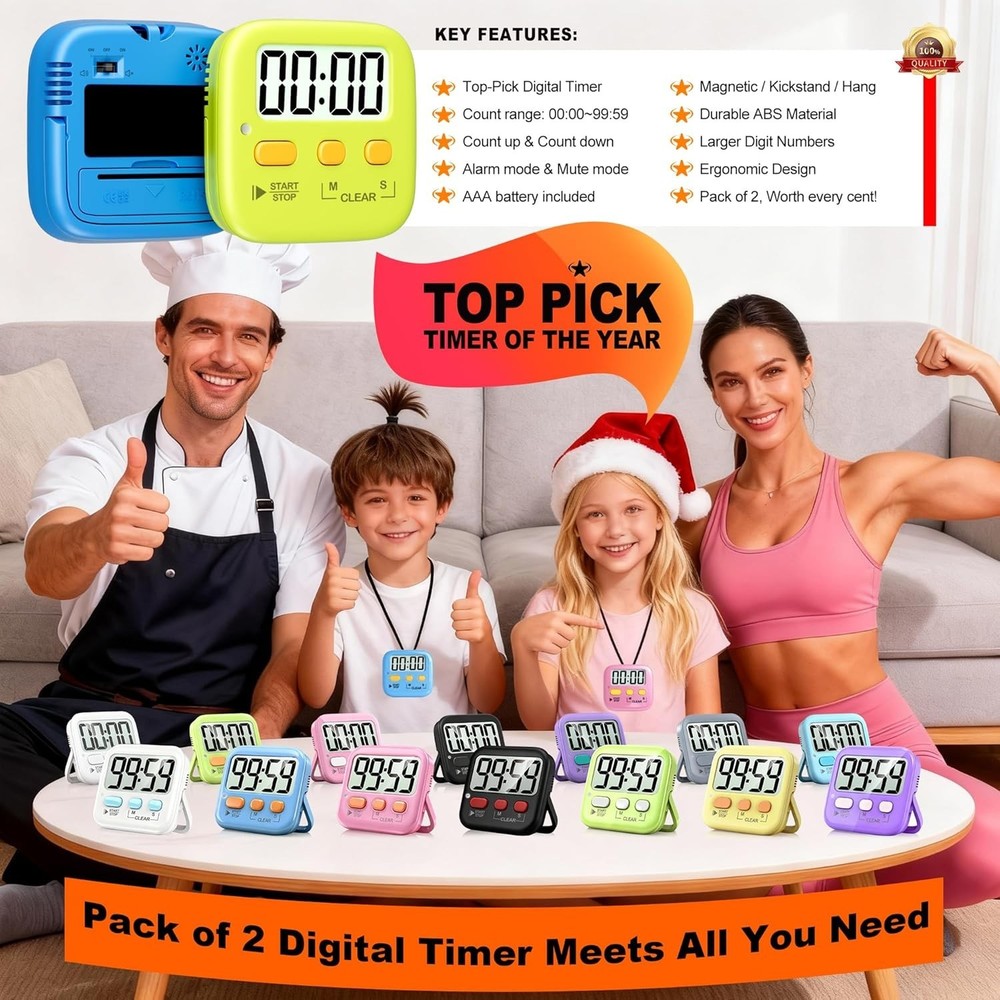 Reliable 2 Pack Digital Timers with Memory & Easy Controls for Timely Cooking