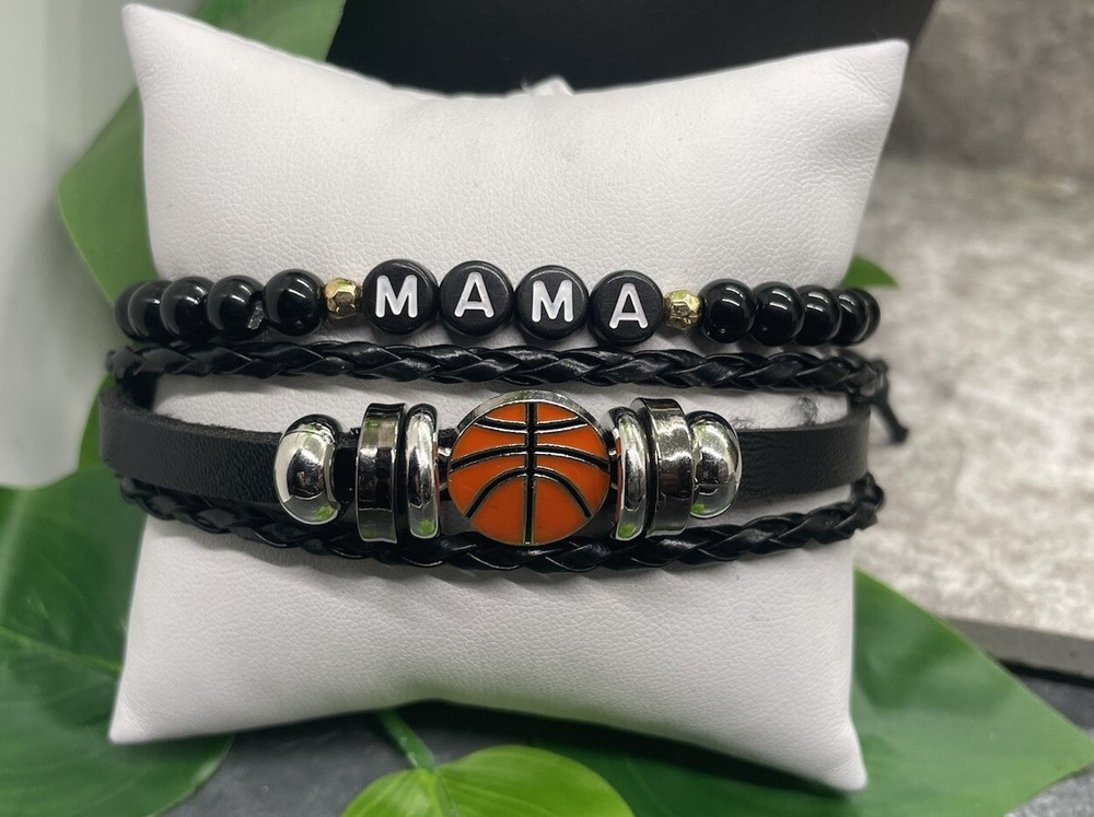 2 PC Basketball Mama Bead PU Leather Bracelet Stackable Adjustable Tie New B3116