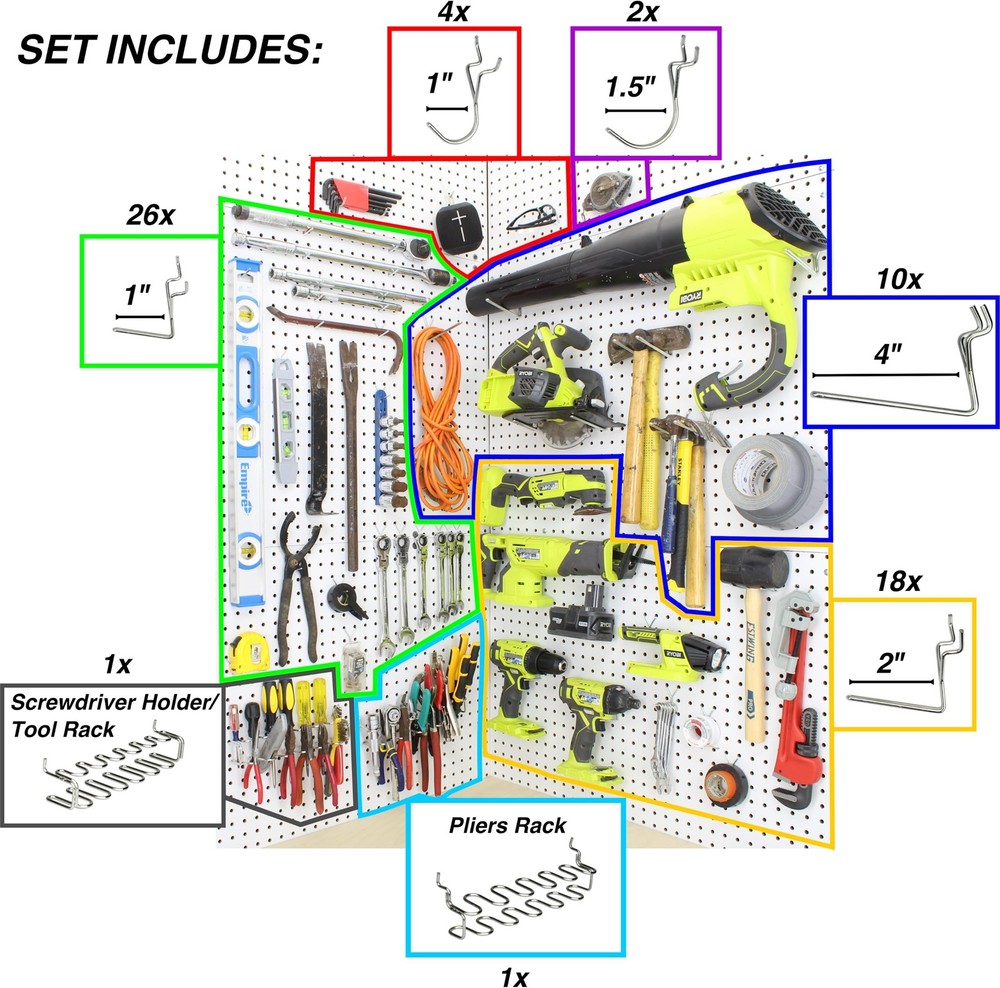 Pegboard Hooks Set - Tool Organizer Kit with Assorted L, J Hooks, Pliers Rack