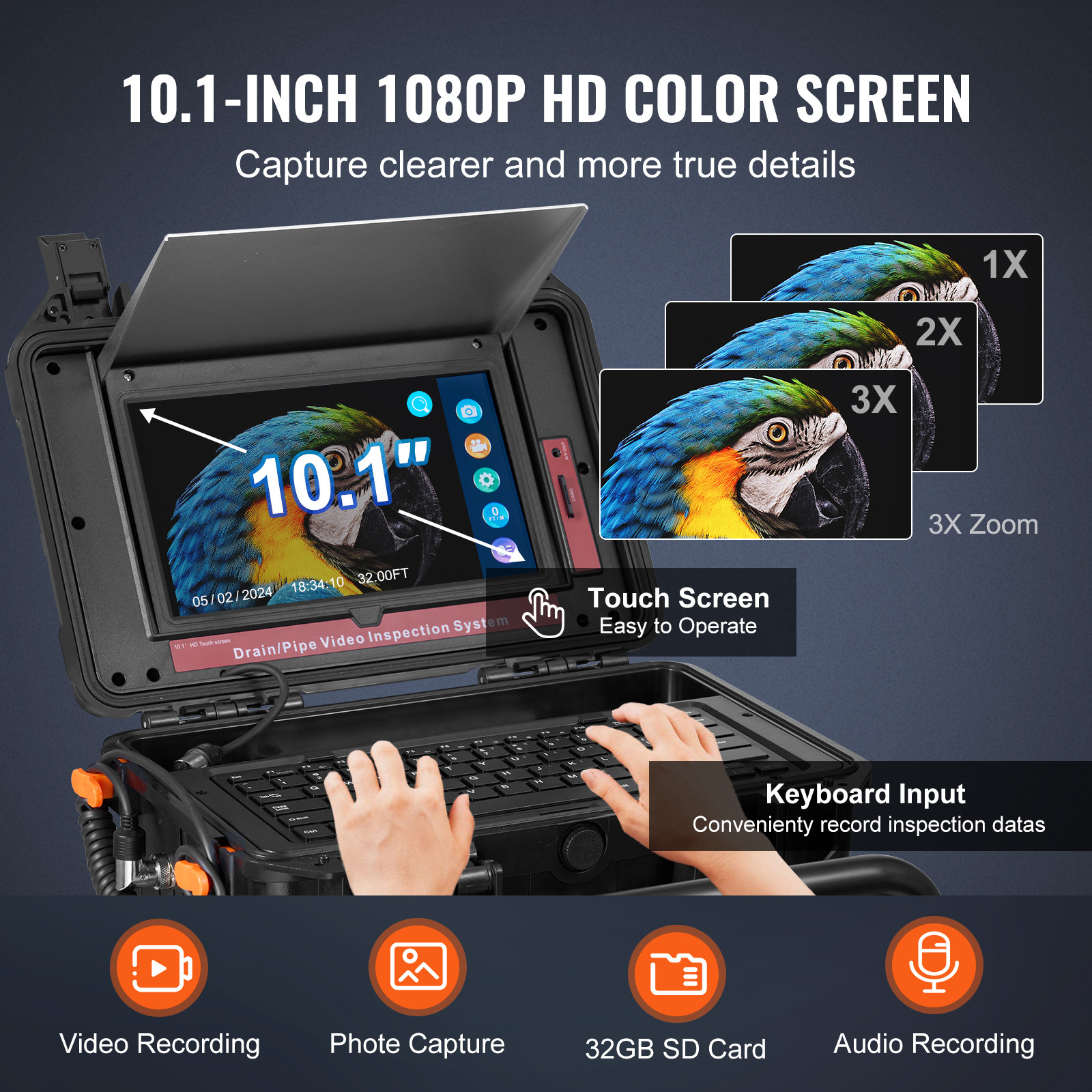 VEVOR Sewer Camera 165 ft/50m Self-Leveling Drain Camera with 10.1" Touchscreen