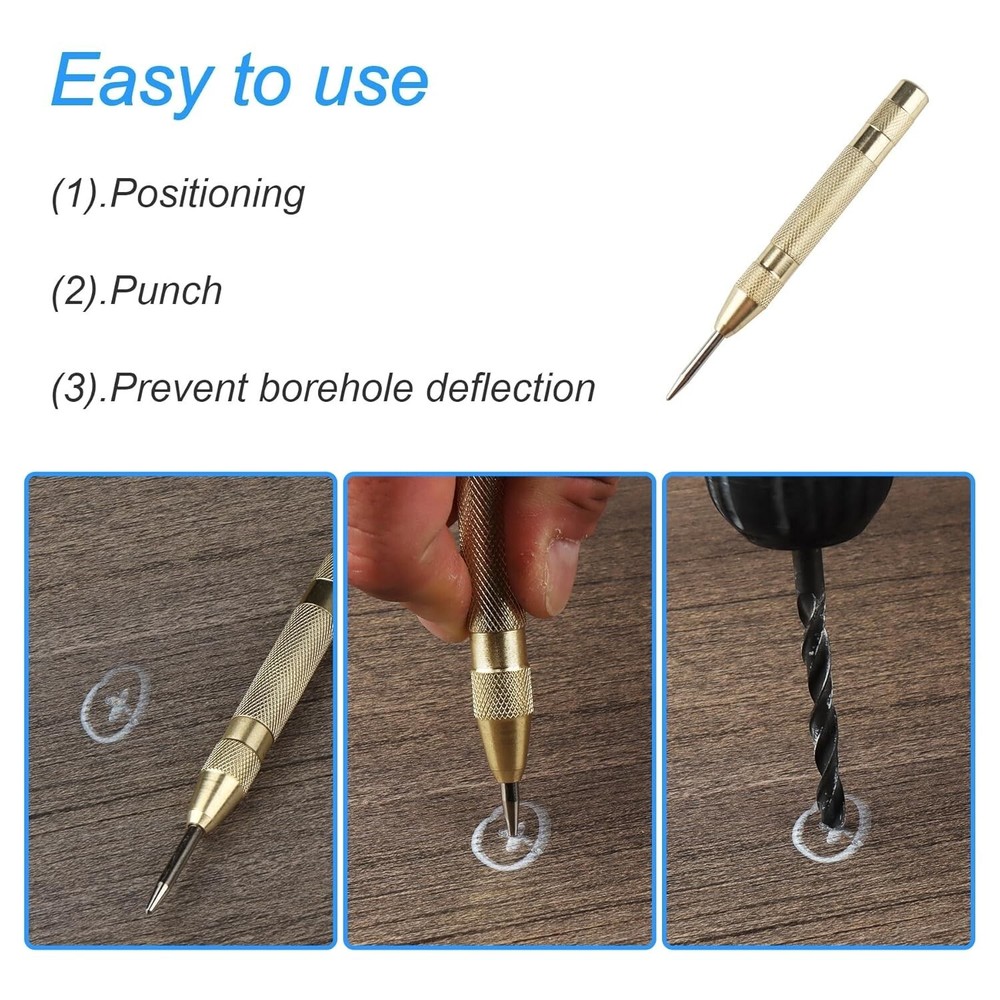 5" Automatic Brass Spring Loaded Center Hole Punch, Adjustable Tension Hand Tool