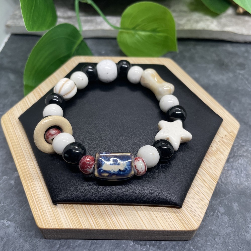 Handmade Ceramic Bead Beaded Stackable 6” Plus Stretch Bracelet New B403
