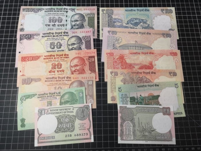 INDIA  6 notes set   (1,5,10,20,50,-100RP)，UNC