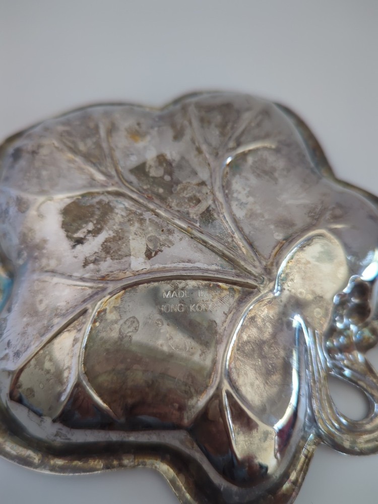 Vintage Silver Tone Leaf Dish Hong Kong 6" Trinket Tray