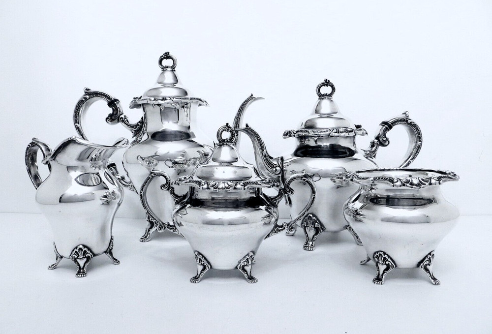 1950 GORHAM ANCHOR STRASBOURG COURT  MIDCENTURY ROCOCO SHELL COFFEE TEA SET 5PC