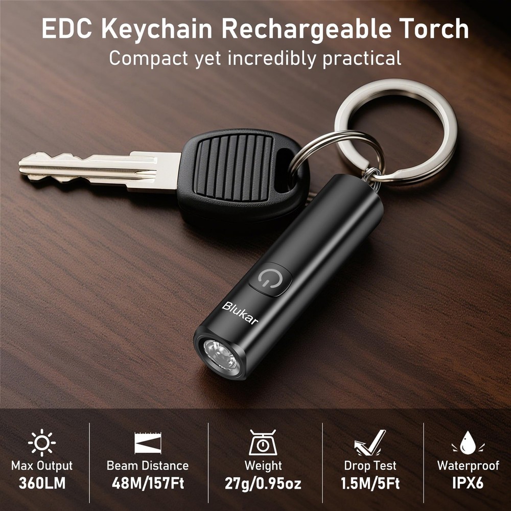 2-Pack Rechargeable EDC Flashlight 360LM Mini Keychain 3-Mode Waterproof Compact