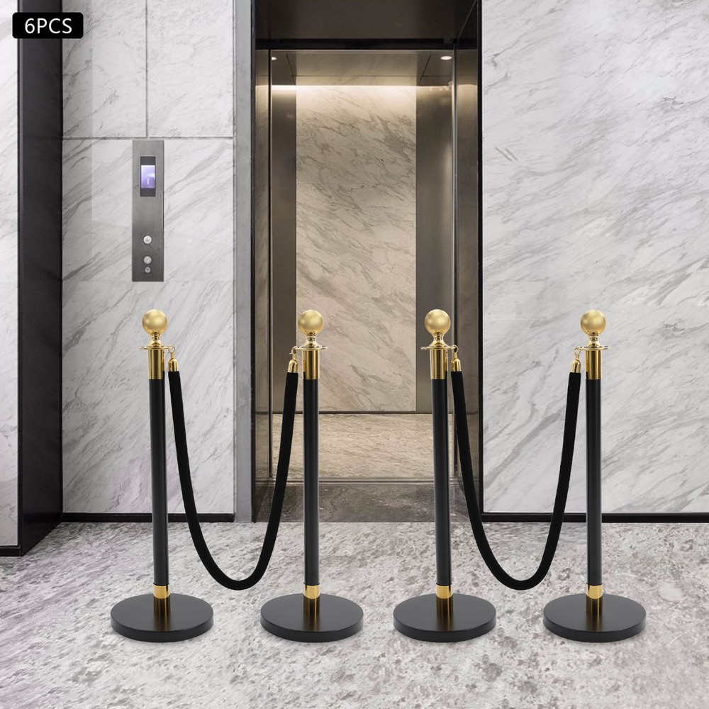 6 PCS Black Stainless Stanchion Posts with 4 Ropes Crowd Control Queue Barrier