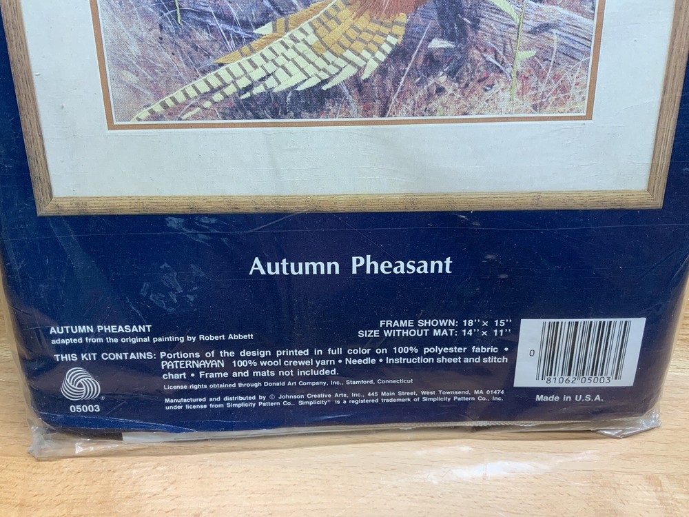 Simplicity Stitchery AUTUMN PHEASANT Kit New