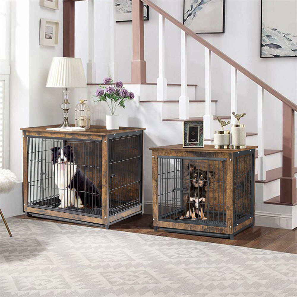 Large Dog Crate Wooden Kennel Heavy Duty Cage with Tray End Table Pet Furniture