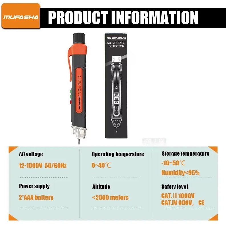 1pc MUFASHA Non-Contact Voltage Tester Pen AC 12-1000V Smart Detector - NEW