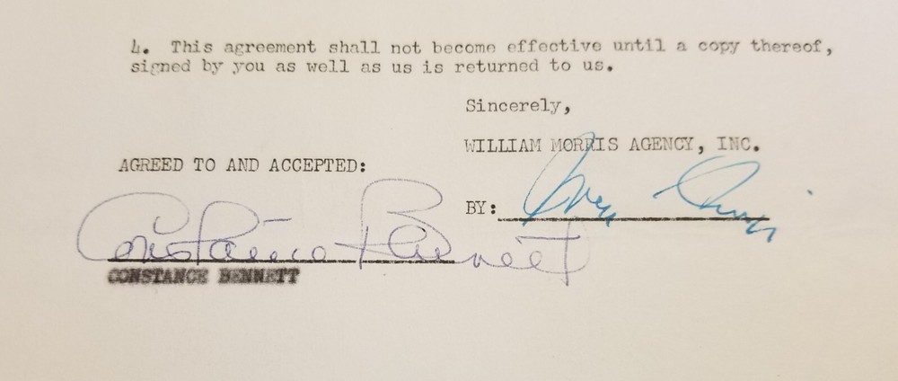 Constance Bennett Signed William Morris Document 1957 Contract Release COA RARE