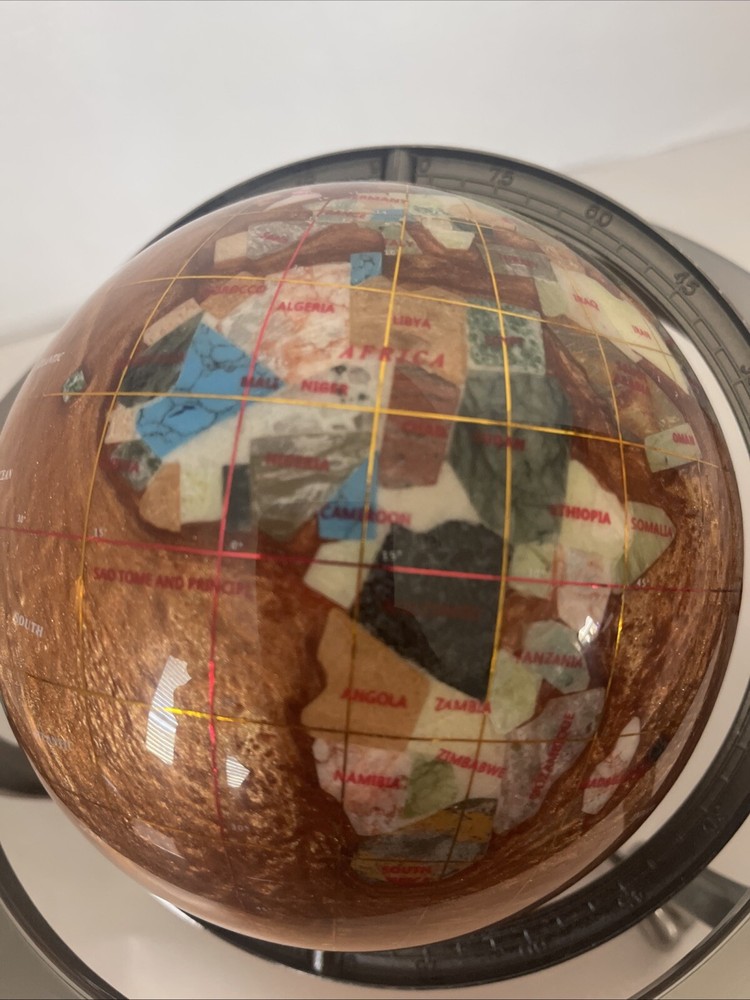 Gemstone World Globe Silver Tripod Stand Compass Manually Rotates 10” Tall