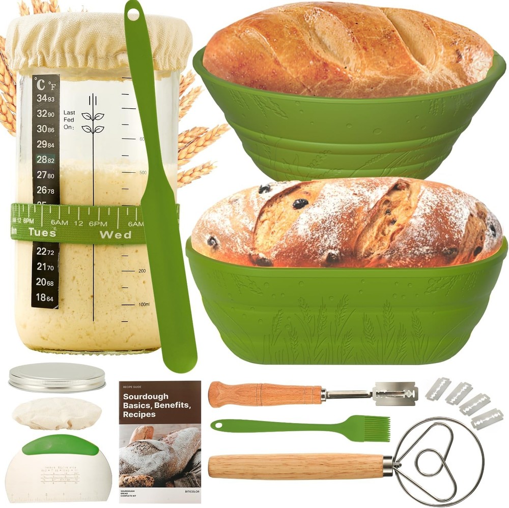 Sourdough Starter Kit 34oz with 2 Bread Proofing Baskets - Green