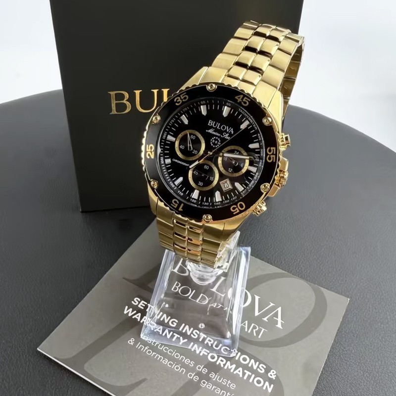 Men Bulova Marine Star Black/Gold Dial Chronograph 98B406 Quartz Watch 41.5mm