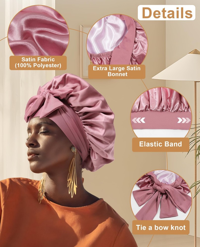 Extra Large Satin Bonnet for Sleeping Jumbo Silk Large, Bean Paste + Pink