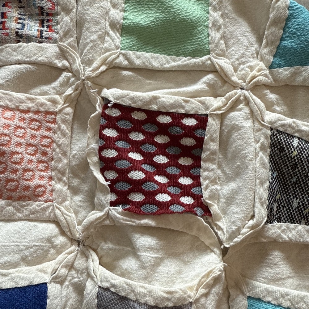 Vtg Cathedral Window Pattern Multicolored Quilt Handmade 80” X 49” Needs Work