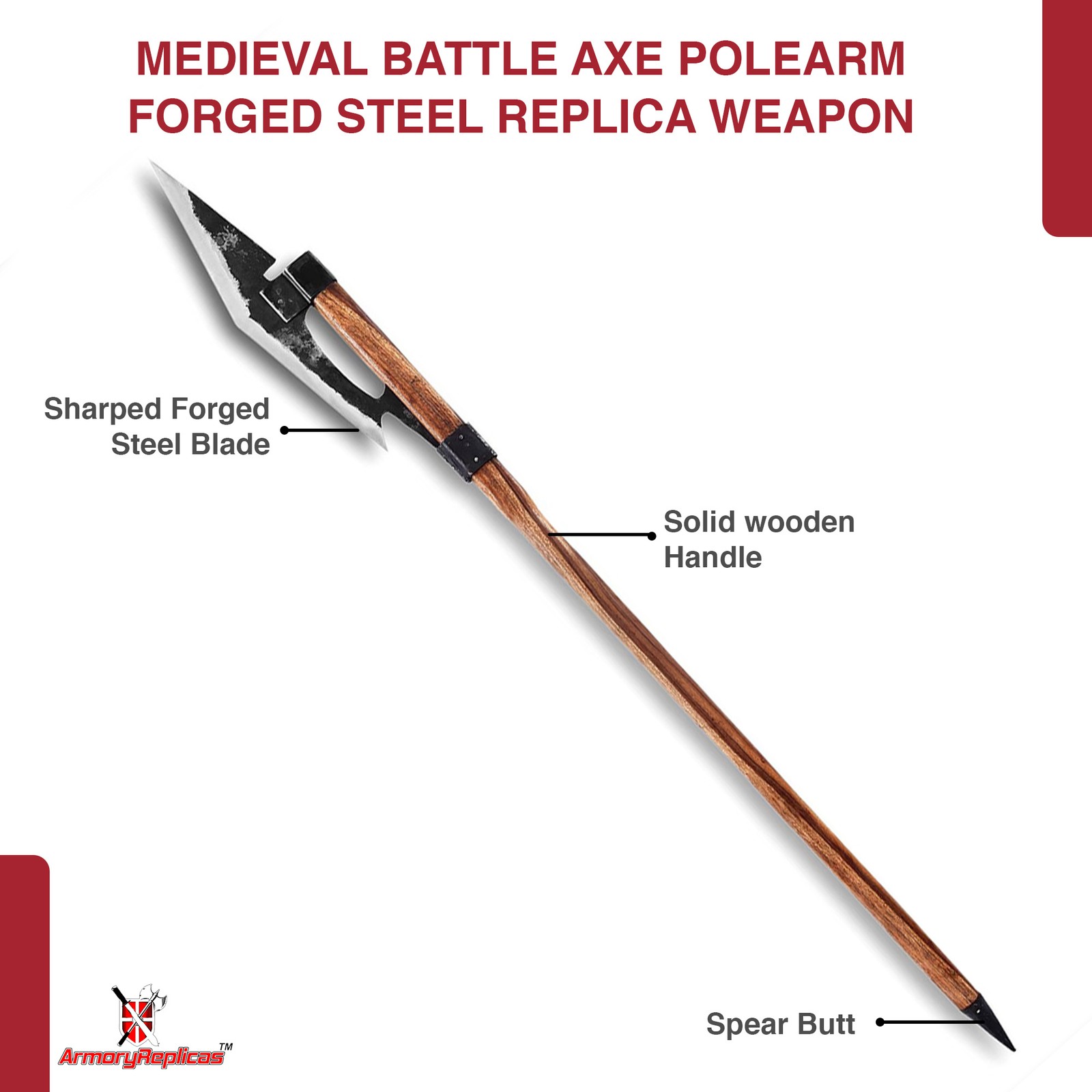 63" Medieval Battle Axe Polearm Forged Steel Full Size Weapon Viking Display