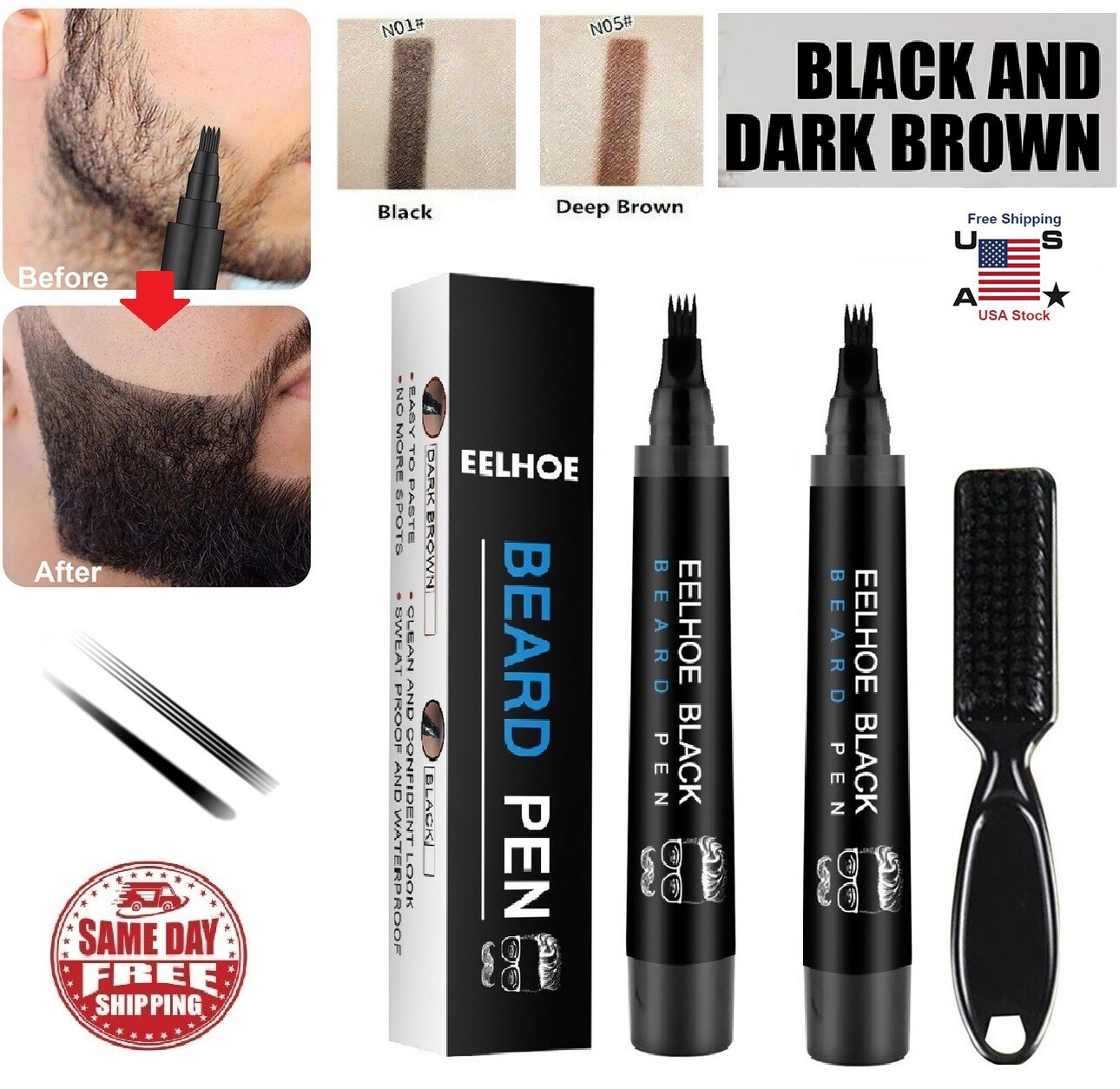 2× Waterproof Beard Pencil Filler Long Last Hair Grower Moustache Eyebrow +Brush