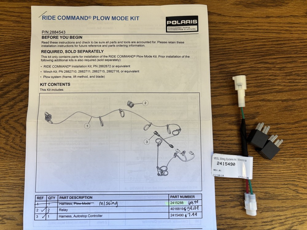 PLOW MODE KIT, RANGER- PARTIAL KIT # 2884543