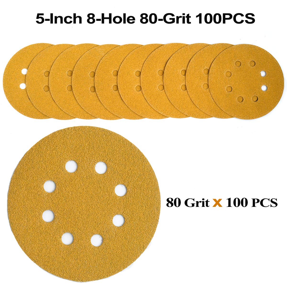 100Pcs 5 inch Sanding Discs 8-Hole Hook Loop for Orbital Sander Paper 80-320Grit