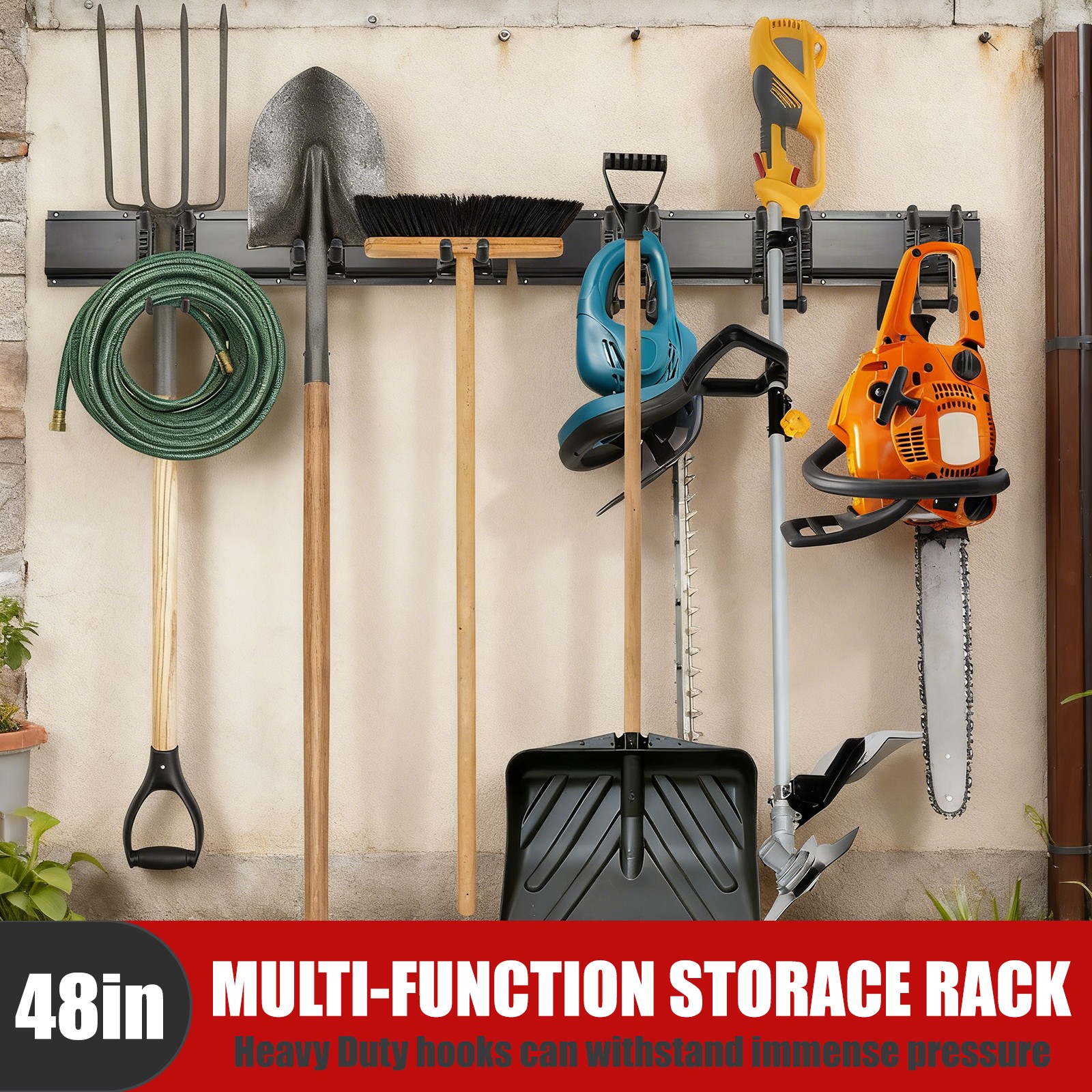 Garden Tool Organizer Wall Mount 48 Inch Black Metal Garage Storage Rack Heavy